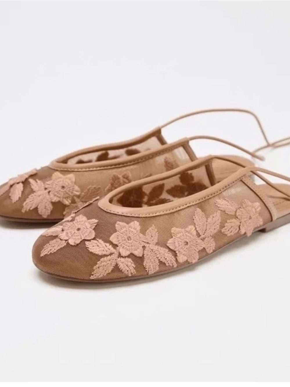 Zara Pink Floral Embroidered Mesh Slingback Flats